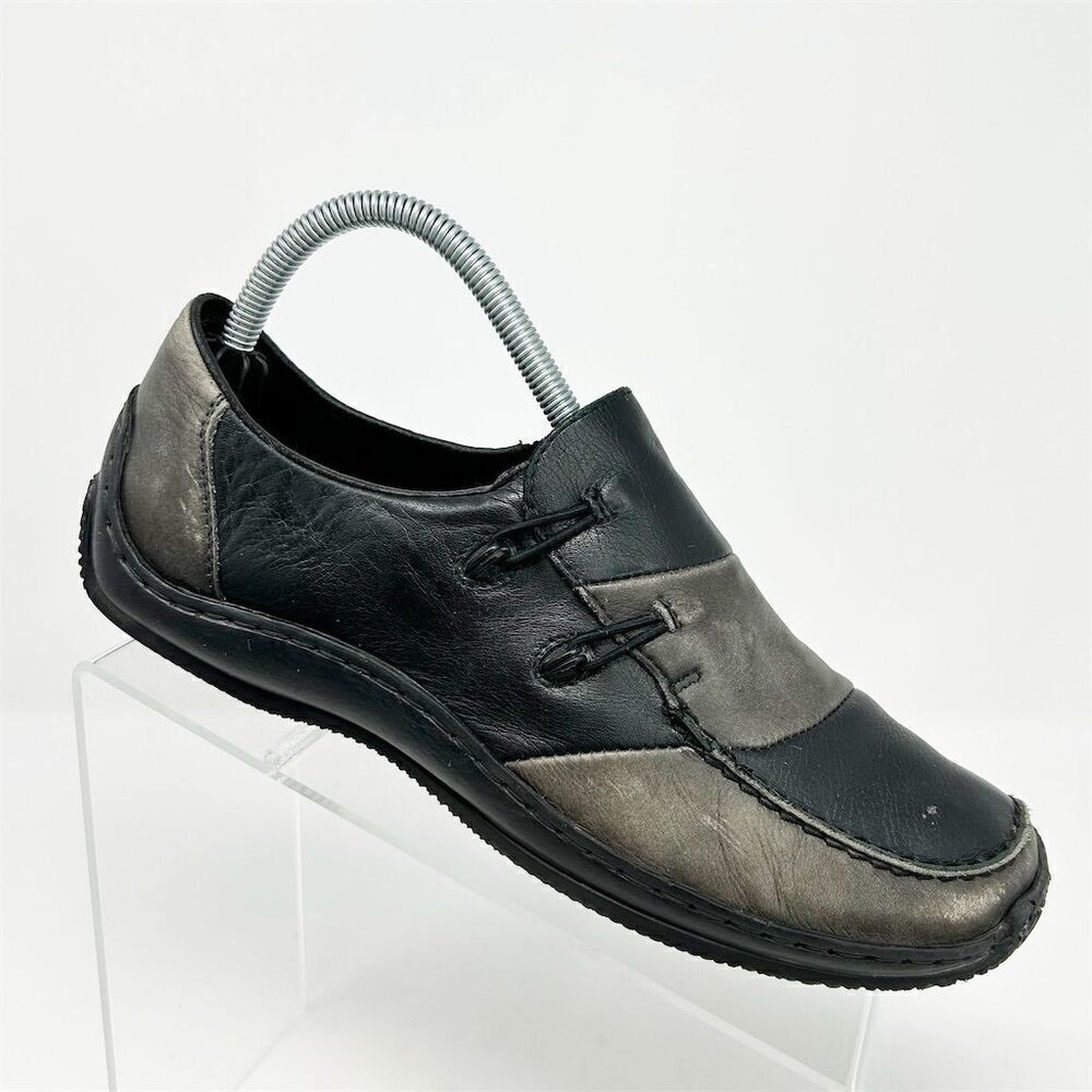 Rieker Multicolor Gray and Black Leather Loafers Slip On Casual Shoes Size 40